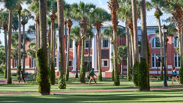 Students walking across the Palm Court